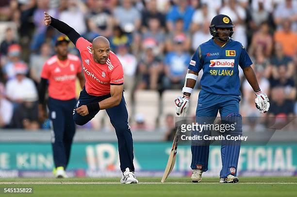 Tymal Mills of England bowls during the Natwest International T20 match between England and Sri Lanka at Ageas Bowl on July 5, 2016 in Southampton,...