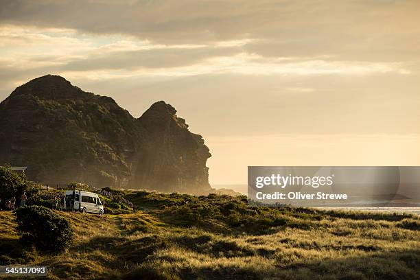 camping piha beach - new zealand yellow stock pictures, royalty-free photos & images
