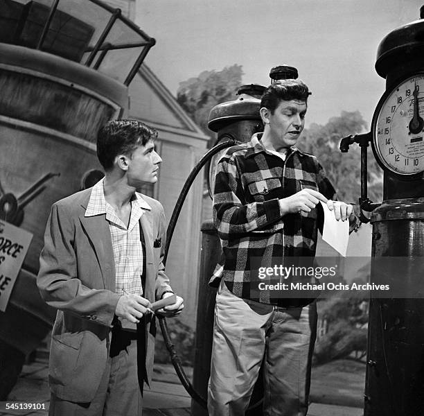 Actors Roddy McDowall and Andy Griffith performs a scene for "No Time For Sgts" on the "Toast of the Town" show hosted by Ed Sullivan at the Maxine...