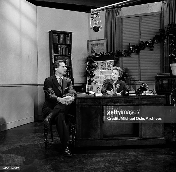 Actress Shirley Booth performs a scene from "The Desk Set" on the "Toast of the Town" show hosted by Ed Sullivan at the Maxine Elliott Theater in New...