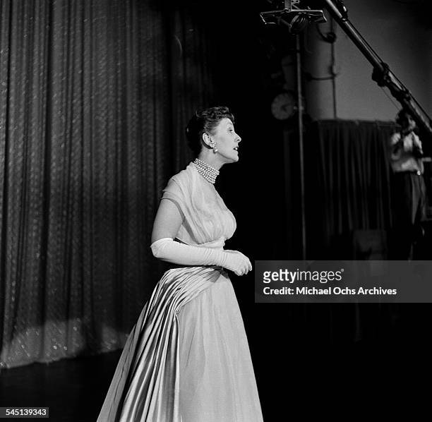 British comedian Joyce Grenfell performs on the "Toast of the Town" show hosted by Ed Sullivan at the Maxine Elliott Theater in New York, New York.