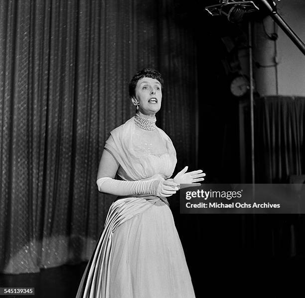 British comedian Joyce Grenfell performs on the "Toast of the Town" show hosted by Ed Sullivan at the Maxine Elliott Theater in New York, New York.