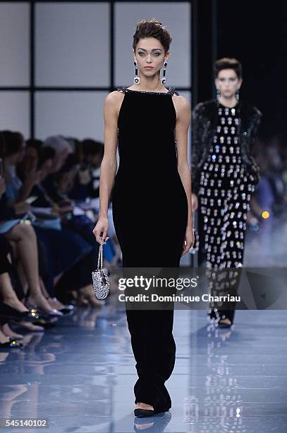 Model walks the runway during the Giorgio Armani Prive Haute Couture Fall/Winter 2016-2017 show as part of Paris Fashion Week on July 5, 2016 in...