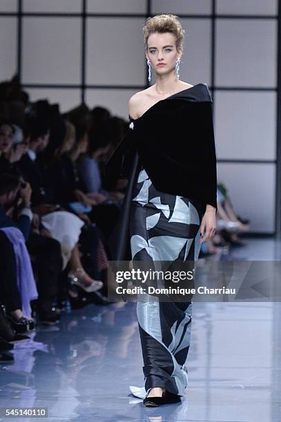 Model walks the runway during the Giorgio Armani Prive Haute Couture Fall/Winter 2016-2017 show as part of Paris Fashion Week on July 5, 2016 in...