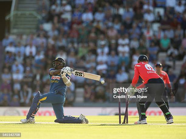 Angelo Matthews of Sri Lanka is bowled out during the 1st NatWest T20 International between England and Sri Lanka at Ageas Bowl on July 5, 2016 in...