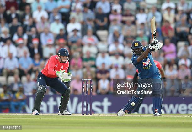 Angelo Matthews of Sri Lanka hits out during the 1st NatWest T20 International between England and Sri Lanka at Ageas Bowl on July 5, 2016 in...