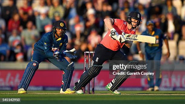 England captain Eoin Morgan bats during the Natwest International T20 match between England and Sri Lanka at Ageas Bowl on July 5, 2016 in...