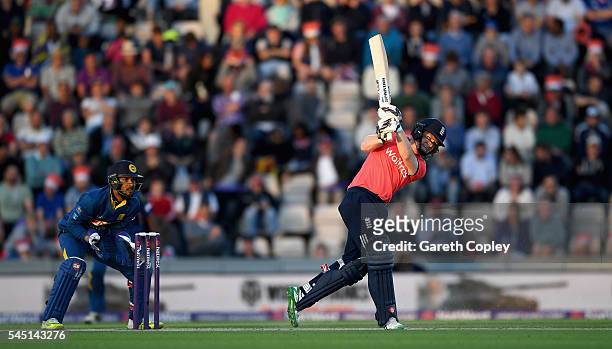 England captain Eoin Morgan hits out for six runs during the Natwest International T20 match between England and Sri Lanka at Ageas Bowl on July 5,...