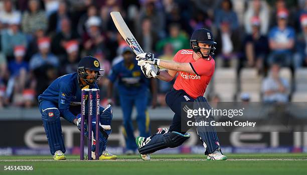 England captain Eoin Morgan bats during the Natwest International T20 match between England and Sri Lanka at Ageas Bowl on July 5, 2016 in...