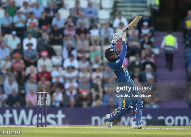 Dinesh Chandimal of Sri Lanka hits out during the 1st NatWest T20 International between England and Sri Lanka at Ageas Bowl on July 5, 2016 in...