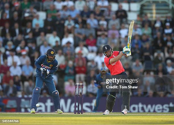 Jos Buttler of England hits out during the 1st NatWest T20 International between England and Sri Lanka at Ageas Bowl on July 5, 2016 in Southampton,...