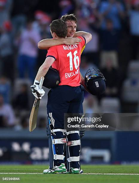 England captain Eoin Morgan and Jos Buttler celebrate winning the Natwest International T20 match between England and Sri Lanka at Ageas Bowl on July...