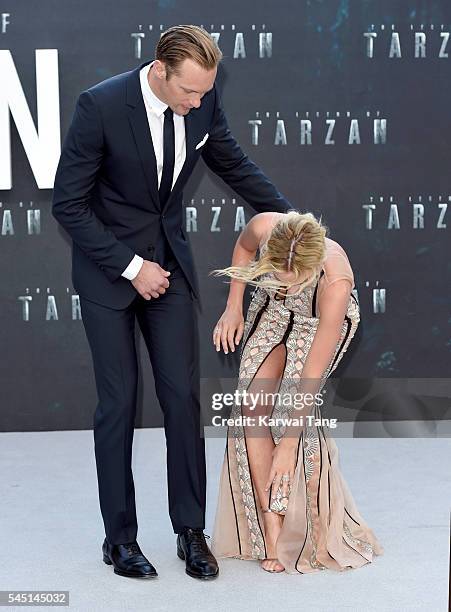 Alexander Skarsgard and Margot Robbie attend the European premiere of "The Legend Of Tarzan" at Odeon Leicester Square on July 5, 2016 in London,...