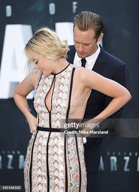 Alexander Skarsgard and Margot Robbie attend the European premiere of "The Legend Of Tarzan" at Odeon Leicester Square on July 5, 2016 in London,...