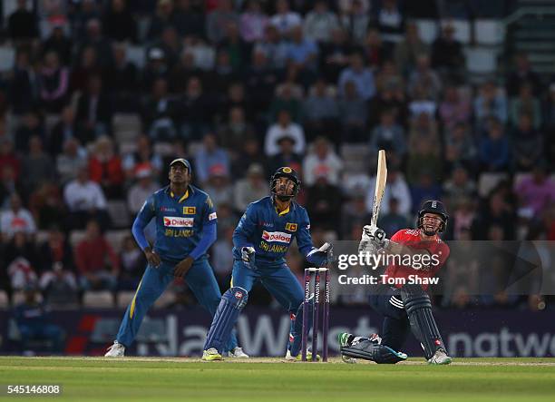 Eoin Morgan of England hits out during the 1st NatWest T20 International between England and Sri Lanka at Ageas Bowl on July 5, 2016 in Southampton,...