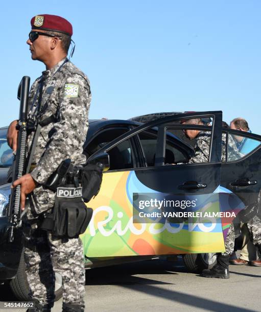 Checkpoint at the Olympic Village in Rio de Janeiro, Brazil on July 5, 2016 during the ceremony to hand over the security of the Olympic and...