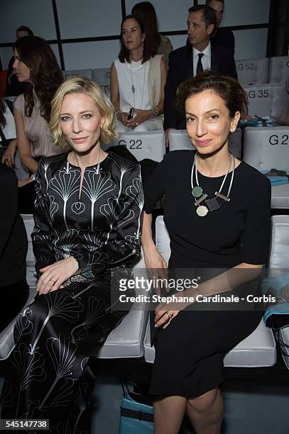 Cate Blanchett and Audrey Azoulay attend the Giorgio Armani Prive Haute Couture Fall/Winter 2016-2017 show as part of Paris Fashion Week on July 5,...