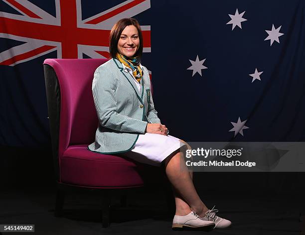 Australian athlete Anna Meares poses at the Stamford Plaza during a portrait session after being announced as the Australian flag bearer for the...