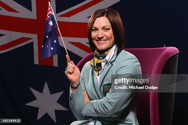 Australian athlete Anna Meares poses at the Stamford Plaza during a portrait session after being announced as the Australian flag bearer for the...