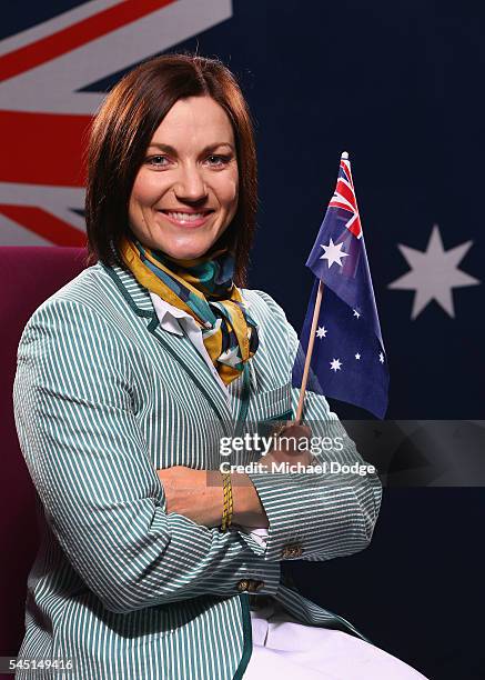 Australian athlete Anna Meares poses at the Stamford Plaza during a portrait session after being announced as the Australian flag bearer for the...