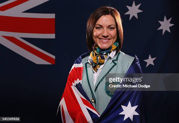 Australian athlete Anna Meares poses at the Stamford Plaza during a portrait session after being announced as the Australian flag bearer for the...