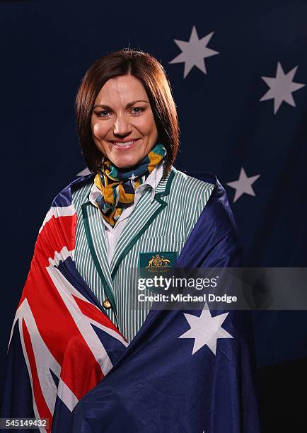 Australian athlete Anna Meares poses at the Stamford Plaza during a portrait session after being announced as the Australian flag bearer for the...