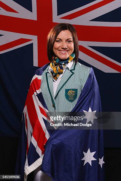 Australian athlete Anna Meares poses at the Stamford Plaza during a portrait session after being announced as the Australian flag bearer for the...