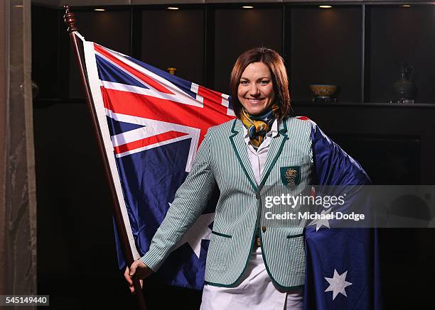 Australian athlete Anna Meares poses at the Stamford Plaza during a portrait session after being announced as the Australian flag bearer for the...