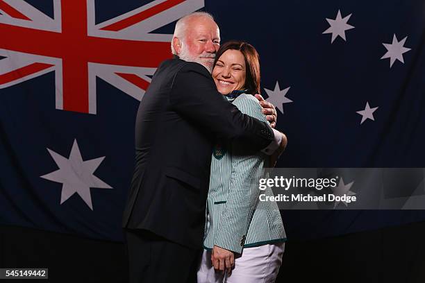 Australian athlete Anna Meares poses with her father Tony at the Stamford Plaza during a portrait session after being announced as the Australian...