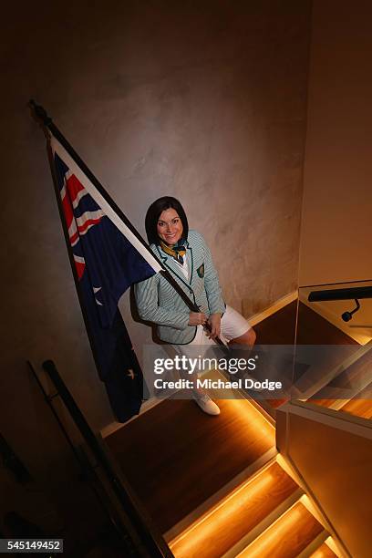 Australian athlete Anna Meares poses at the Stamford Plaza during a portrait session after being announced as the Australian flag bearer for the...