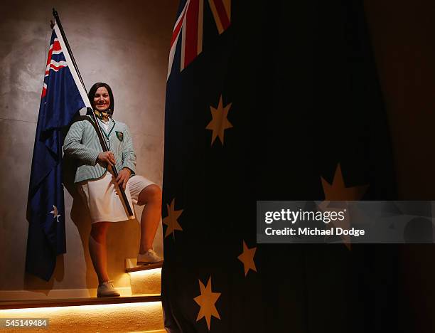 Australian athlete Anna Meares poses at the Stamford Plaza during a portrait session after being announced as the Australian flag bearer for the...