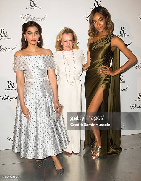 Sonam Kapoor, Caroline Scheufele and Jourdan Dunn attends the Ralph & Russo And Chopard Host Dinner as part of Paris Fashion Week on July 4, 2016 in...