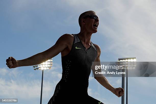 Sam Kendricks reacts to breaking a meet record his way to placing first in the Men's Pole Vault Final during the 2016 U.S. Olympic Track & Field Team...