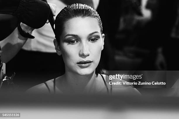 Bella Hadid prepares backstage prior to the Alexandre Vauthier Haute Couture Fall/Winter 2016-2017 show as part of Paris Fashion Week on July 5, 2016...