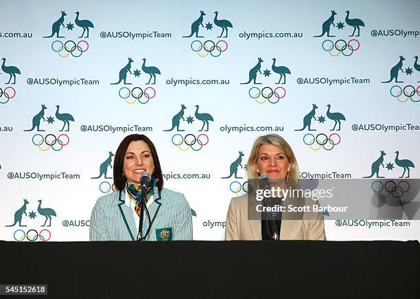 Anna Meares and Chef de Mission Kitty Chiller speak during the Australian Olympic Games flag bearer announcement at Federation Square on July 6, 2016...