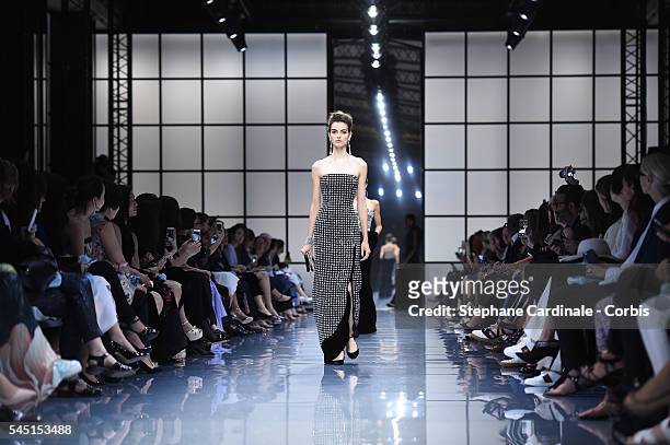Model walks the runway during the Giorgio Armani Prive Haute Couture Fall/Winter 2016-2017 show as part of Paris Fashion Week on July 5, 2016 in...