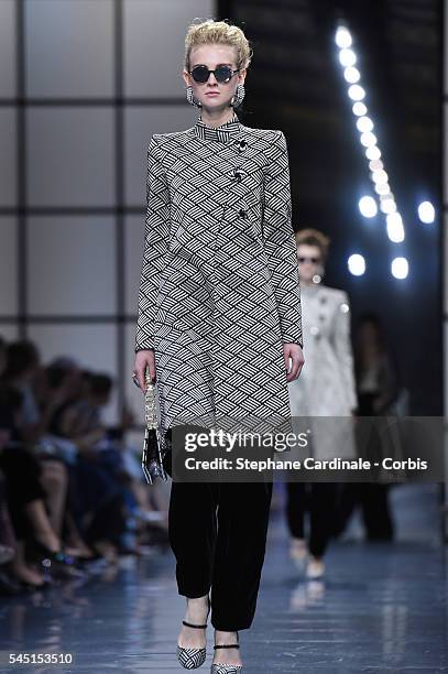 Model walks the runway during the Giorgio Armani Prive Haute Couture Fall/Winter 2016-2017 show as part of Paris Fashion Week on July 5, 2016 in...