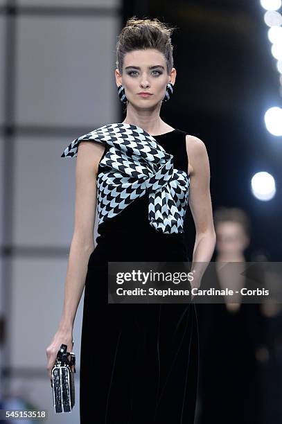 Model walks the runway during the Giorgio Armani Prive Haute Couture Fall/Winter 2016-2017 show as part of Paris Fashion Week on July 5, 2016 in...