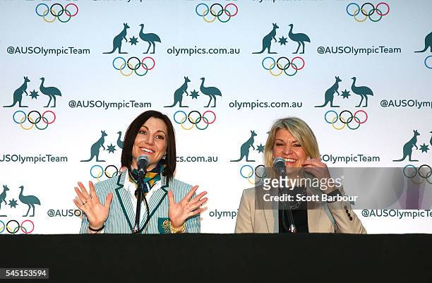 Anna Meares and Chef de Mission Kitty Chiller speak during the Australian Olympic Games flag bearer announcement at Federation Square on July 6, 2016...