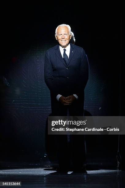 Giorgio Armani poses on the runway during the Giorgio Armani Prive Haute Couture Fall/Winter 2016-2017 show as part of Paris Fashion Week on July 5,...