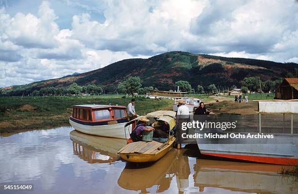 Group of fishermen in a boat on the lake in Patzcuaro, Michoacan, Mexico.