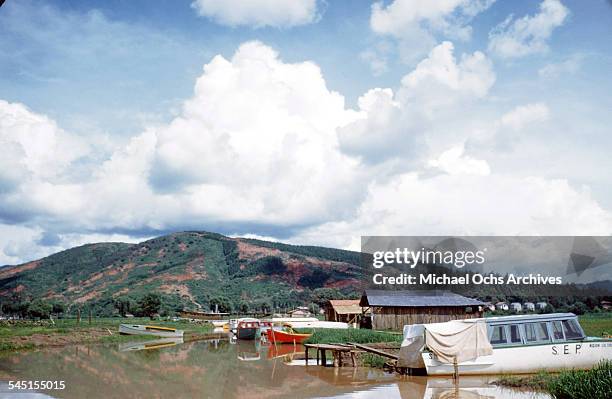 View of fishing boat on docked the lake in Patzcuaro, Michoacan, Mexico.