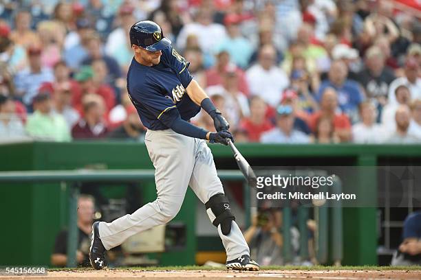 Will Middlebrooks of the Milwaukee Brewers signals in his first plate appearance as a Brewer in the second inning during a baseball game against the...