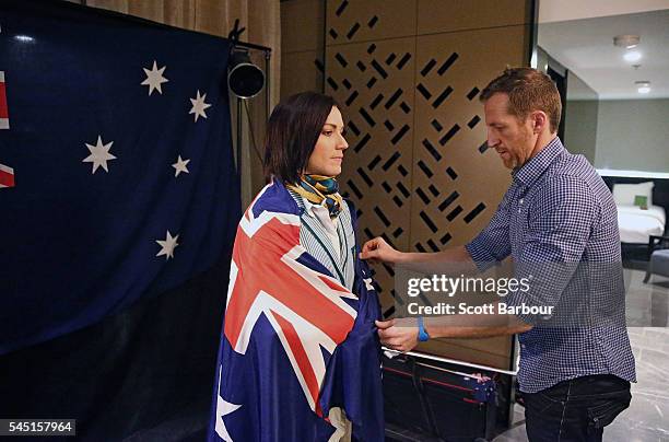 Australian athlete Anna Meares poses for Getty Images photographer Michael Dodge at the Stamford Plaza during a portrait session after being...