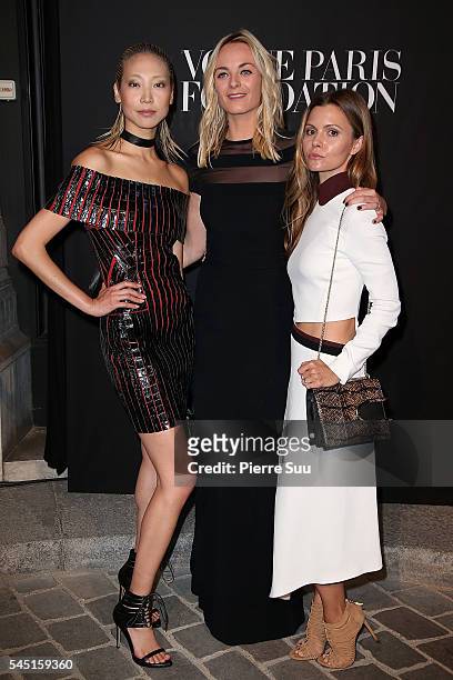 Soo Joo Park, Virginie Courtin Cesari and Elizabeth Sulcer attend the Vogue Foundation Gala 2016 at Palais Galliera on July 5, 2016 in Paris, France.