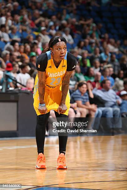 Cappie Pondexter of the Chicago Sky reacts to a play against the Minnesota Lynx on July 5, 2016 at Target Center in Minneapolis, Minnesota. NOTE TO...