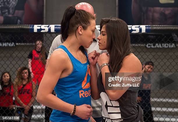 Head coaches Joanna Jedrzejczyk and Claudia Gadelha face off during the filming of The Ultimate Fighter: Team Joanna vs Team Claudia at the UFC TUF...