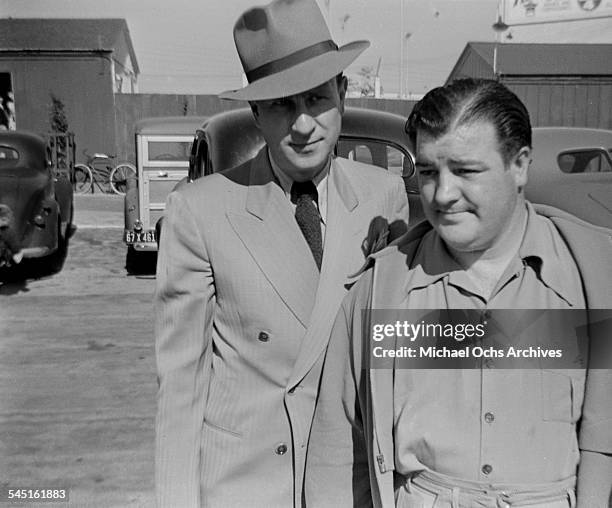 Comedy duo Abbott and Costello arrive to the back lot in Los Angeles,CA.