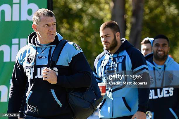 Paul Gallen of the Blues arrives during the New South Wales Blues State of Origin training session on July 6, 2016 in Coffs Harbour, Australia.