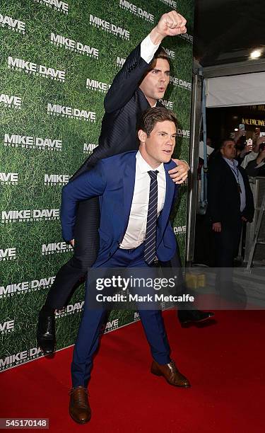 Zac Efron and Adam Devine attend the Mike And Dave Need Wedding Dates fan premiere at Event Cinemas Parramatta on July 6, 2016 in Sydney, Australia.